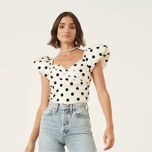 LPA Emily Puff Sleeve Flocked Polka Dot Satin Top - MEDIUM